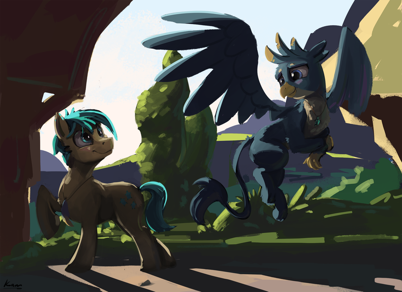 Size: 2100x1526 | Tagged: safe, artist:kam, deleted from derpibooru, derpibooru import, gallus, sandbar, earth pony, gryphon, pony, fanfic, colored, commission, cover art, fanfic art, fanfic cover, gallbar, gay, male, painting, quadrupedal, shipping