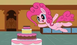 Size: 1080x635 | Tagged: safe, artist:dormantflame, deleted from derpibooru, derpibooru import, pinkie pie, pony, cake, cute, diapinkes, ear fluff, food, heart eyes, open mouth, solo, wingding eyes