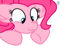 Size: 1461x1090 | Tagged: safe, artist:rainbow eevee, derpibooru import, pinkie pie, pony, :3, cute, hooves, insert picture here, looking down, simple background, smiling, solo, transparent background