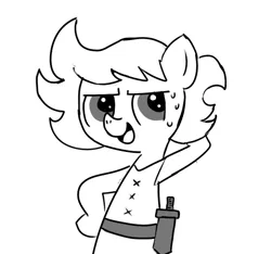Size: 640x600 | Tagged: safe, artist:ficficponyfic, derpibooru import, oc, oc:ruby rouge, unofficial characters only, earth pony, pony, colt quest, belt, child, clothes, cyoa, female, filly, foal, grayscale, grin, knife, monochrome, nervous, nervous grin, simple background, smiling, solo, story included, sweat, sweatdrop, sweatdrops, white background
