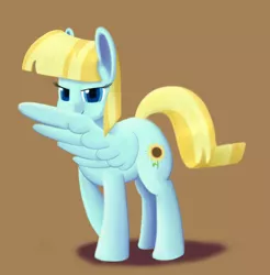 Size: 500x509 | Tagged: safe, artist:dormantflame, deleted from derpibooru, derpibooru import, helia, pegasus, pony, background pony, bedroom eyes, brown background, cute, heliadorable, hiding behind wing, simple background, solo, wings