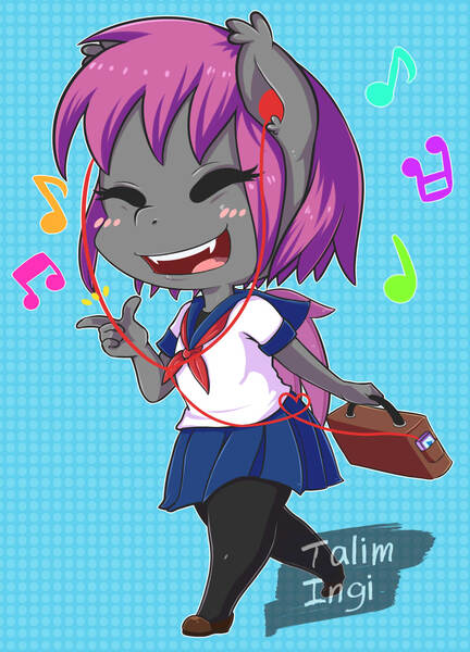 Size: 1000x1390 | Tagged: safe, artist:talimingi, derpibooru import, oc, oc:fruitful melody, unofficial characters only, anthro, bat pony, bat pony oc, bat wings, briefcase, clothes, commission, headphones, music notes, schoolgirl, school uniform, smiling, wings, ych result