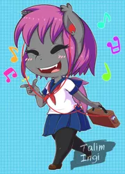 Size: 1000x1390 | Tagged: safe, artist:talimingi, derpibooru import, oc, oc:fruitful melody, unofficial characters only, anthro, bat pony, bat pony oc, bat wings, briefcase, clothes, commission, headphones, music notes, schoolgirl, school uniform, smiling, wings, ych result