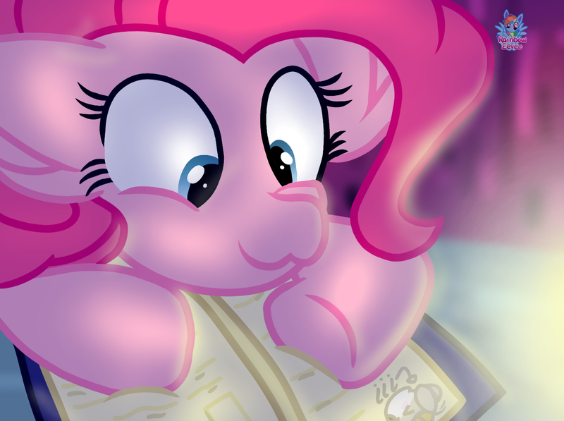 Size: 1461x1090 | Tagged: safe, artist:rainbow eevee, derpibooru import, pinkie pie, oc, oc:landen irelan, pony, book, candle, hooves, looking down, question mark, reading, smiling, solo