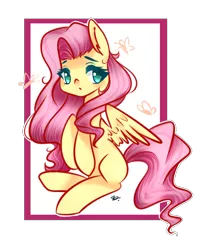 Size: 2246x2564 | Tagged: safe, artist:dashybrony2012, derpibooru import, fluttershy, butterfly, pegasus, pony, abstract background, colored pupils, cute, ear fluff, female, mare, missing cutie mark, shyabetes, sitting, solo