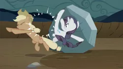 Size: 1280x720 | Tagged: safe, derpibooru import, screencap, applejack, rarity, tom, pony, the return of harmony, abuse, discorded, duo, great moments in animation, jackabuse