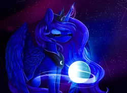 Size: 2855x2086 | Tagged: dead source, safe, artist:y0-ki, derpibooru import, princess luna, alicorn, pony, constellation, eyes closed, glowing horn, horn, magic, orb, smiling, solo, space, starry night, stars