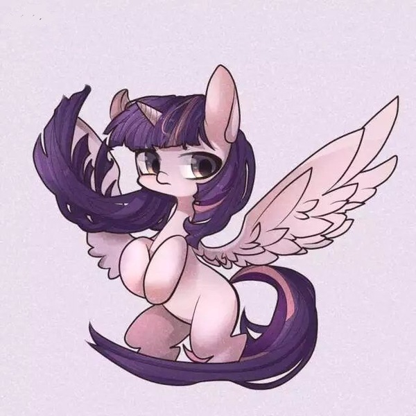 Size: 640x640 | Tagged: safe, artist:kinda-l, derpibooru import, twilight sparkle, twilight sparkle (alicorn), alicorn, pony, female, mare, missing cutie mark, purple background, simple background, solo, spread wings, wings