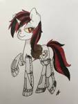 Size: 3024x4032 | Tagged: safe, artist:katyusha, derpibooru import, oc, oc:blackjack, unofficial characters only, cyber pony, cyborg, pony, unicorn, fallout equestria, fallout equestria: project horizons, fanfic, augmented, bag, cutie mark, cyber legs, fanfic art, female, hooves, horn, level 1 (project horizons), mare, raised hoof, robot legs, saddle bag, simple background, solo, traditional art, white background