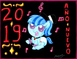 Size: 1021x783 | Tagged: safe, artist:rammzblood, derpibooru import, sonata dusk, ponified, pony, equestria girls ponified, female, filly, happy new year, happy new year 2019, hat, holiday, music notes, solo, spanish, top hat, younger