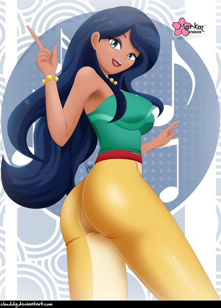 Size: 718x1000 | Tagged: safe, alternate version, artist:clouddg, derpibooru import, desert sage, equestria girls, equestria girls series, spring breakdown, spoiler:eqg series (season 2), armpits, ass, bustier, butt, clothes, dark skin, female, human coloration, image, looking at you, looking back, looking back at you, open mouth, pants, png, sage booty, sexy, signature, solo, stupid sexy desert sage