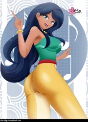 Size: 718x1000 | Tagged: safe, alternate version, artist:clouddg, derpibooru import, desert sage, equestria girls, equestria girls series, spring breakdown, spoiler:eqg series (season 2), armpits, ass, bustier, butt, clothes, dark skin, female, human coloration, looking at you, looking back, looking back at you, open mouth, pants, sexy, signature, solo, stupid sexy desert sage