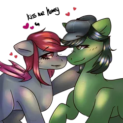 Size: 3000x3000 | Tagged: source needed, useless source url, safe, artist:harlyoron, derpibooru import, oc, oc:fruitful melody, oc:rc, unofficial characters only, pony, blushing, commission, dialogue, frc, imminent kissing, looking at each other, shipping, ych result
