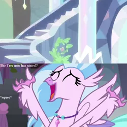 Size: 1024x1024 | Tagged: cropped, cute, derpibooru import, dialogue, diastreamies, edit, edited screencap, excited, female, happiness, hippogriff, jewelry, necklace, safe, school daze, screencap, silverstream, solo, squee, stairs, that hippogriff sure does love stairs, tree of harmony, uprooted