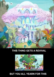 Size: 1920x2698 | Tagged: safe, derpibooru import, edit, edited screencap, screencap, gallus, ocellus, sandbar, silverstream, smolder, tree of harmony, yona, changedling, changeling, classical hippogriff, dragon, earth pony, gryphon, hippogriff, pony, yak, uprooted, dragoness, female, flying, golden oaks library, meta, sad, student six, treehouse of harmony, truth