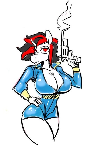 Size: 450x703 | Tagged: suggestive, artist:scarfyace, derpibooru import, oc, oc:blackjack, unofficial characters only, anthro, unicorn, fallout equestria, fallout equestria: project horizons, anthro oc, bimbo, breasts, cleavage, clothes, explicit source, fanfic art, female, gun, gunsmoke, hand on hip, handgun, horn, looking at you, red eyes, revolver, simple background, smoke, solo, solo female, standing, thighs, two toned mane, vault suit, weapon, white background