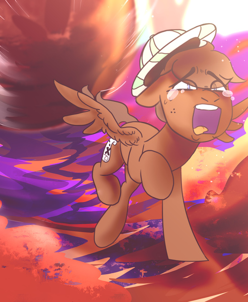 Size: 3200x3900 | Tagged: safe, artist:dodo, derpibooru import, oc, oc:archipelago, unofficial characters only, pegasus, pony, adventure, boulder, crying, hat, indiana jones, running, running away, screaming, spread wings, wings