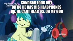 Size: 889x500 | Tagged: safe, derpibooru import, edit, edited screencap, screencap, sandbar, pony, uprooted, discovery family logo, earmuffs, eyes closed, headphones, meme, plant, sapling, solo, squidward the truck's coming, watering can