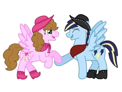 Size: 2048x1536 | Tagged: safe, artist:kindheart525, derpibooru import, oc, oc:confetti surprise, oc:lightning bolt, unofficial characters only, pegasus, pony, kindverse, bandana, boots, cowboy boots, cowboy hat, dancing, female, hat, male, offspring, offspring shipping, parent:cheese sandwich, parent:pinkie pie, parent:rainbow dash, parent:soarin', parents:cheesepie, parents:soarindash, shipping, shoes, straight