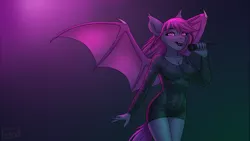 Size: 2510x1412 | Tagged: safe, artist:wingell, derpibooru import, oc, oc:fruitful melody, unofficial characters only, anthro, bat pony, bat pony oc, bat wings, breasts, commission, flowing hair, hips, looking at you, microphone, singing, tight clothing, wings, ych result