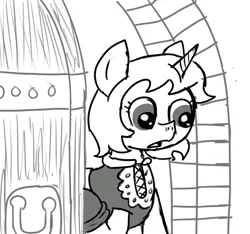 Size: 640x600 | Tagged: safe, artist:ficficponyfic, derpibooru import, oc, oc:sweetie candy, pony, unicorn, colt quest, astonished, clothes, cyoa, door, door handle, female, horn, mare, monochrome, solo, story included