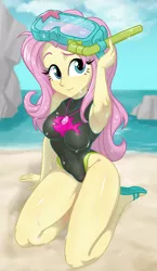 Size: 720x1240 | Tagged: safe, artist:ta-na, derpibooru import, edit, fluttershy, starfish, equestria girls, adorasexy, armpits, beach, belly button, clothes, cute, daaaaaaaaaaaw, diving goggles, feet, female, flip-flops, fluttershy's one-piece swimsuit, geode of fauna, image, inverted mouth, jewelry, magical geodes, necklace, one-piece swimsuit, png, rock, sandals, sexy, shore, shyabetes, smiling, snorkel, solo, swimsuit, thighs, wet