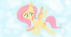 Size: 1080x565 | Tagged: safe, artist:alexbeeza, derpibooru import, fluttershy, pegasus, pony, beanbrows, cloud, cutie mark, eyebrows, female, flying, mare, sky, solo