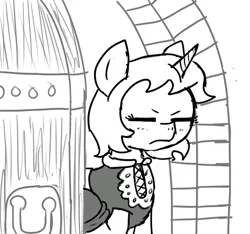 Size: 640x600 | Tagged: safe, artist:ficficponyfic, derpibooru import, oc, oc:sweetie candy, pony, unicorn, colt quest, aggravated, clothes, cyoa, door, door handle, eyes closed, female, horn, mare, monochrome, scowl, solo, story included