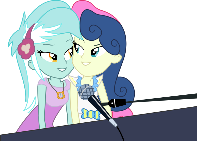 Size: 8001x5754 | Tagged: safe, artist:midnight-st4r, derpibooru import, bon bon, lyra heartstrings, sweetie drops, equestria girls, rainbow rocks, duet, eye contact, female, lesbian, lidded eyes, looking at each other, lyrabon, microphone, musical instrument, piano, shipping, simple background, smiling, solo, transparent background, vector