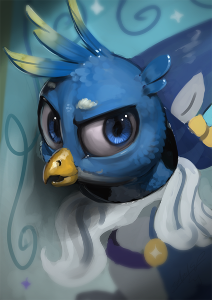 Size: 765x1080 | Tagged: safe, artist:assasinmonkey, derpibooru import, gallus, star swirl the bearded, gryphon, uprooted, bust, male, portrait, scene interpretation, solo, that was fast