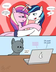 Size: 1691x2169 | Tagged: suggestive, artist:sonigoku, derpibooru import, princess cadance, shining armor, ponified, pony, comic, computer, implied sex, laptop computer, meme, misspelling, moaning, moaning in pleasure, npc, npc meme, ponified meme, signature, watermark