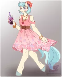 Size: 900x1110 | Tagged: safe, artist:pastel-pony-pictures, deleted from derpibooru, derpibooru import, coco pommel, anthro, earth pony, unguligrade anthro, blushing, bubble tea, clothes, cocobetes, colored hooves, cute, dress, drink, ear piercing, earring, female, floral print, gradient background, jewelry, leg fluff, mare, nail polish, necklace, piercing, shoulder fluff, solo, straw