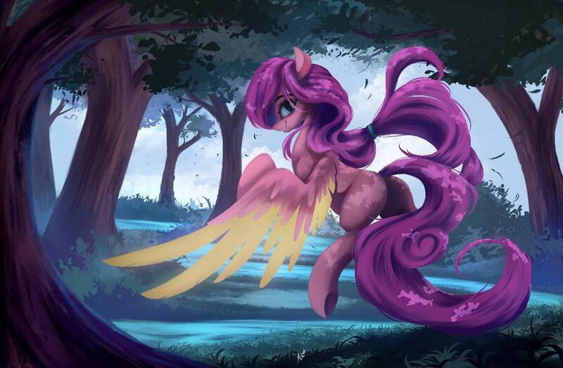 Size: 1024x670 | Tagged: safe, artist:fluttersheeeee, derpibooru import, oc, pegasus, pony, female, forest, looking back, mare, solo