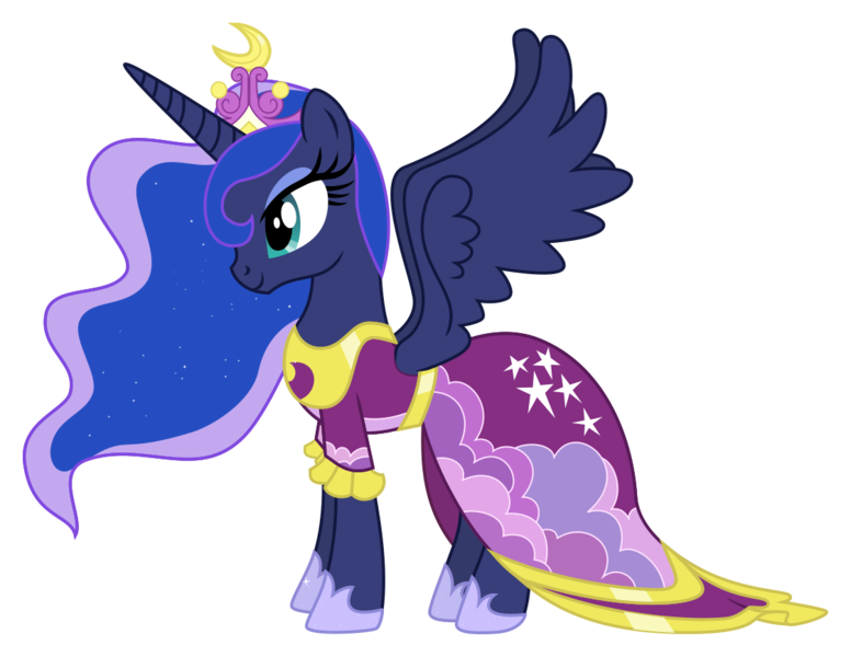 Size: 1122x868 | Tagged: safe, artist:midnight-st4r, derpibooru import, princess luna, alicorn, pony, magical mystery cure, beautiful, clothes, coronation dress, crown, dress, female, hoof shoes, jewelry, lidded eyes, mare, regalia, simple background, smiling, solo, transparent background, vector, wings