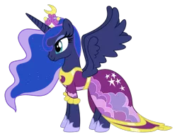 Size: 1122x868 | Tagged: safe, artist:midnight-st4r, derpibooru import, princess luna, alicorn, pony, magical mystery cure, beautiful, clothes, coronation dress, crown, dress, female, hoof shoes, jewelry, lidded eyes, mare, regalia, simple background, smiling, solo, transparent background, vector, wings
