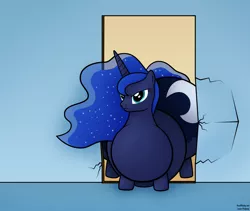 Size: 1900x1600 | Tagged: safe, artist:jesseorange, derpibooru import, princess luna, alicorn, pony, series:absurdly huge luna's life, belly, butt, cracked, fat, huge butt, impossibly large butt, large butt, moonbutt, morbidly obese, obese, plot, princess moonpig, solo, stuck, the ass is monstrously oversized for tight entrance, the ass was too fat, wall