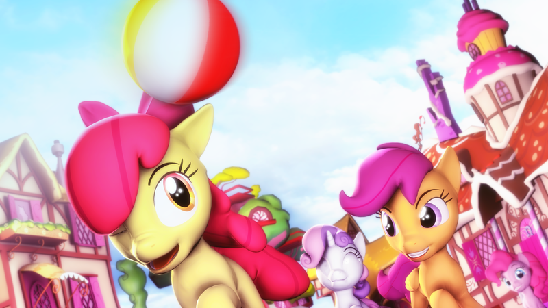 Size: 3840x2159 | Tagged: safe, artist:selestlight, derpibooru import, apple bloom, pinkie pie, scootaloo, sweetie belle, pony, 3d, beach ball, cutie mark crusaders, source filmmaker