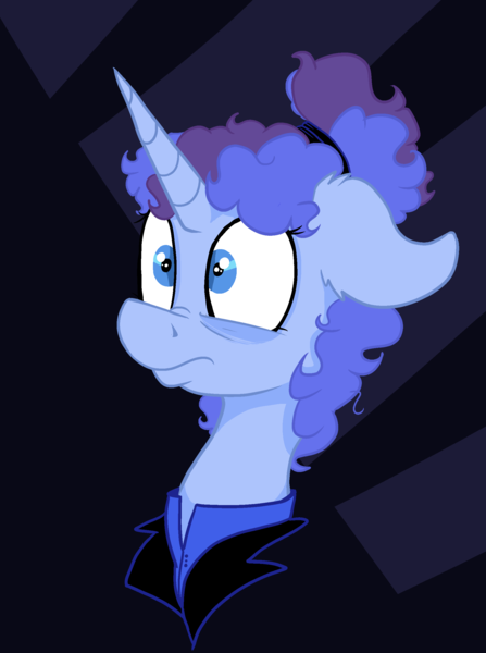 Size: 1840x2472 | Tagged: safe, artist:paskanaakka, derpibooru import, oc, oc:midnight dew, unofficial characters only, pony, unicorn, abstract background, alternate hairstyle, alternate timeline, bags under eyes, bust, ear fluff, female, hair bun, mare, nightmare takeover timeline, portrait, solo