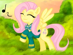 Size: 1626x1238 | Tagged: safe, artist:x-blackpearl-x, derpibooru import, fluttershy, pegasus, pony, filli vanilli, clothes, cute, eyes closed, female, mare, music notes, raised leg, shyabetes, singing, spread wings, wings