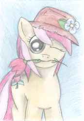 Size: 2424x3496 | Tagged: safe, artist:x-blackpearl-x, derpibooru import, roseluck, earth pony, pony, flower, flower in mouth, hat, looking at you, mouth hold, one eye closed, wink