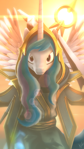 Size: 1726x3072 | Tagged: safe, artist:aeridiccore, derpibooru import, princess celestia, pony, 3d, crossover, dota 2, keeper of the light, source filmmaker