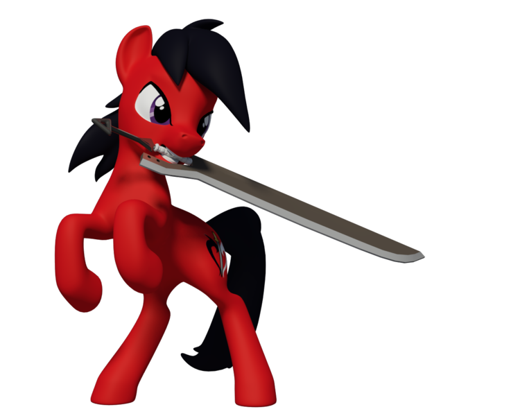 Size: 1280x1024 | Tagged: safe, artist:clawed-nyasu, derpibooru import, oc, oc:blake hearts, unofficial characters only, pony, 3d, 3d model, commission, mouth hold, simple background, solo, sword, transparent background, weapon