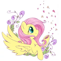 Size: 670x669 | Tagged: safe, artist:raininess, derpibooru import, edit, fluttershy, pegasus, pony, beautiful, bust, cropped, female, flower, flower petals, hoof hold, looking up, mare, petals, profile, raised hoof, simple background, smiling, solo, spread wings, white background, wings, wip