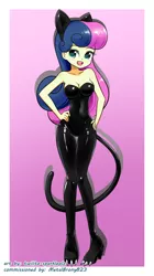 Size: 838x1500 | Tagged: suggestive, artist:twilite-sparkleplz, derpibooru import, bon bon, sweetie drops, cat, equestria girls, animal costume, bare shoulders, breasts, cat costume, cat ears, cat tail, catgirl, catsuit, clothes, costume, female, high heels, latex, latex suit, sexy, shoes, sleeveless, solo, strapless, tail, unitard