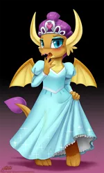 Size: 1100x1832 | Tagged: artist:johnjoseco, ask gaming princess luna, blushing, clothes, cute, derpibooru import, dragon, dragoness, dress, embarrassed, fangs, female, horns, jewelry, lipstick, open mouth, princess smolder, safe, smolder, smolder also dresses in style, smolderbetes, solo, spread wings, wings