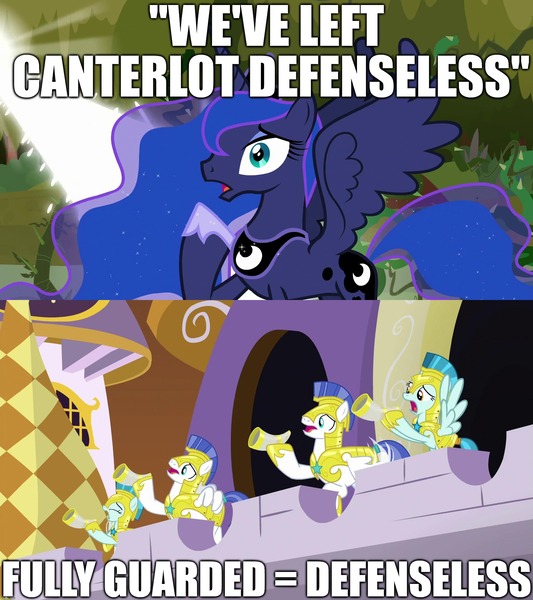 Size: 1920x2160 | Tagged: canterlot, canterlot guards, caption, derpibooru import, edit, edited screencap, eyes closed, female, guards, image macro, male, princess luna, safe, screencap, text, the beginning of the end, useless