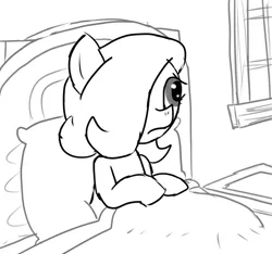 Size: 640x600 | Tagged: safe, artist:ficficponyfic, derpibooru import, oc, oc:emerald jewel, earth pony, pony, colt quest, bed, blanket, child, colt, cyoa, foal, frown, hair over one eye, male, monochrome, pillow, solo, story included, window