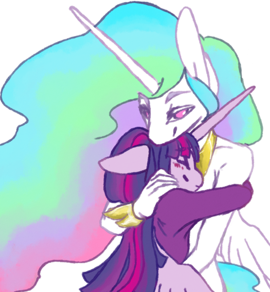 Size: 600x648 | Tagged: anthro, artist:vautaryt, derpibooru import, female, hug, lesbian, looking at you, princess celestia, safe, shipping, twilestia, twilight sparkle