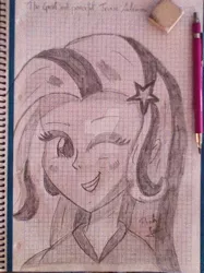 Size: 900x1204 | Tagged: safe, artist:susanzx2000, derpibooru import, trixie, human, equestria girls, female, graph paper, humanized, monochrome, solo, traditional art