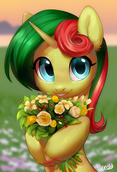 Size: 1473x2160 | Tagged: safe, artist:vensual99, derpibooru import, oc, oc:hungry flower, unofficial characters only, pony, unicorn, cute, female, flower, looking at you, rcf community, solo